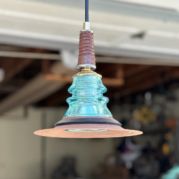 Insulator Light Pendant - Rusted Metal Hood Wood Pin - Image 7