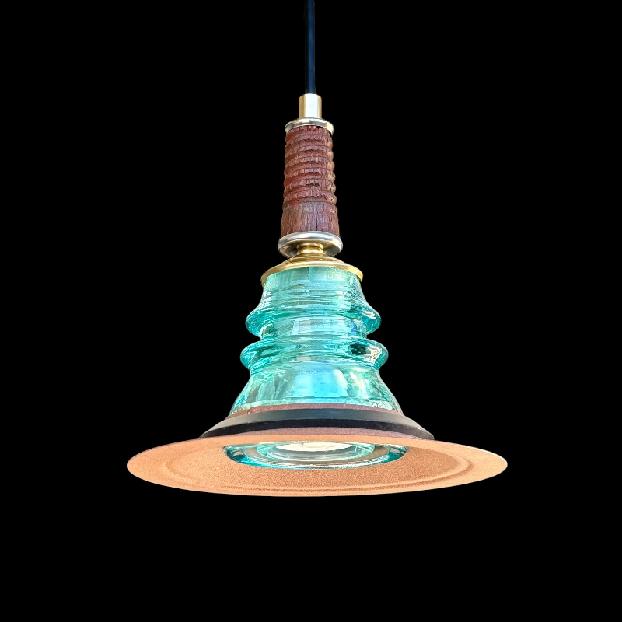 Insulator Light Pendant - Rusted Metal Hood Wood Pin - Image 6