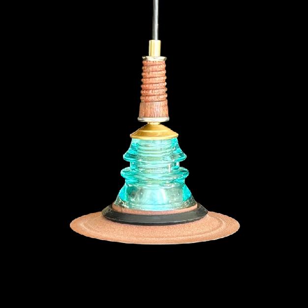 Insulator Light Pendant - Rusted Metal Hood Wood Pin - Image 5