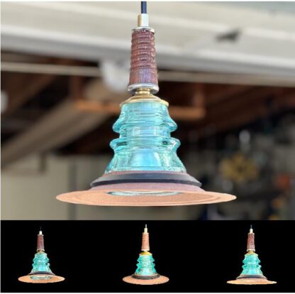 Insulator Light Pendant - Rusted Metal Hood Wood Pin CB - Railroad Ware