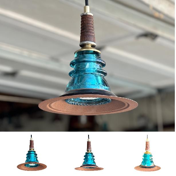 Insulator Light Pendant - Rusted Metal Hood Wood Pin - Image 9