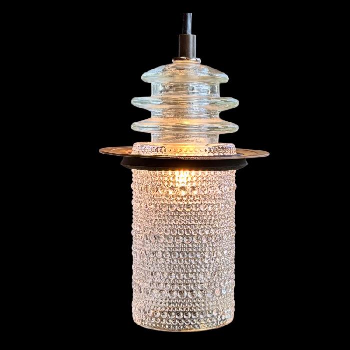 Clear Beaded Glass Globe Pendant Light With Rusted Metal Ring - Image 6