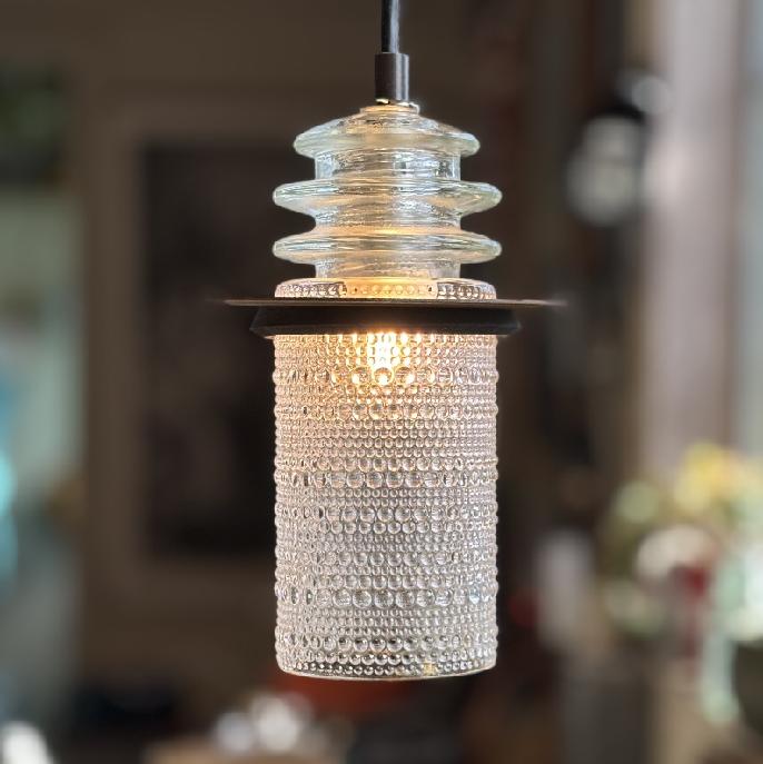 Clear Beaded Glass Globe Pendant Light With Rusted Metal Ring - Image 8